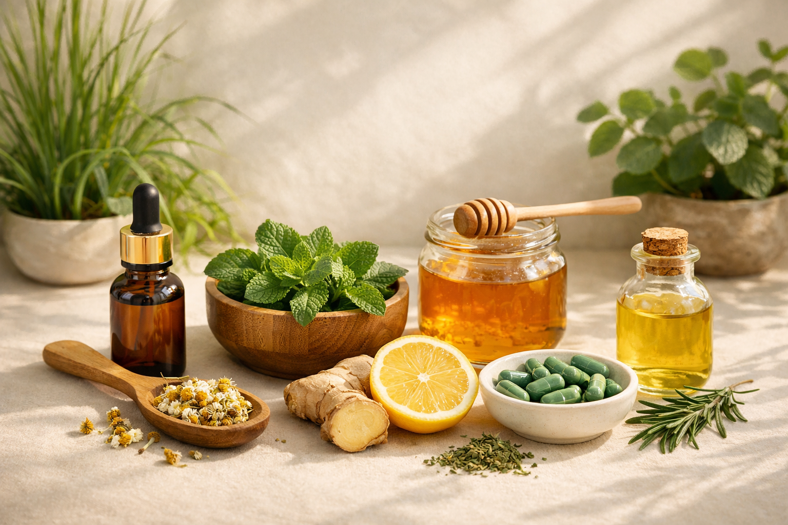 Natural herbal ingredients arranged on a soft neutral surface with green plants, warm morning light, minimalist composition, wellness and vitality concept